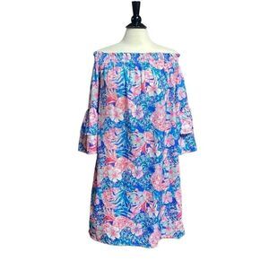 Charlie Paige Pink Floral Off Shoulder Ruffle Sleeve Dress Size S/M NEW